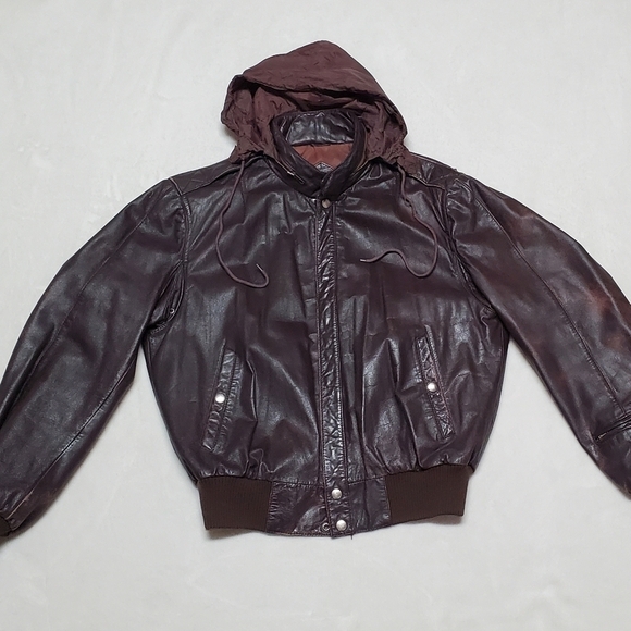VINTAGE 1970s Christopher Street Hooded Distressed Brown Leather Bomber Jacket